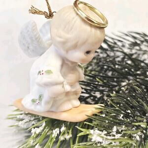 Morehead Angel On Skis Holly Babes Christmas Tree Ornament 1986 Porcelain Bisque